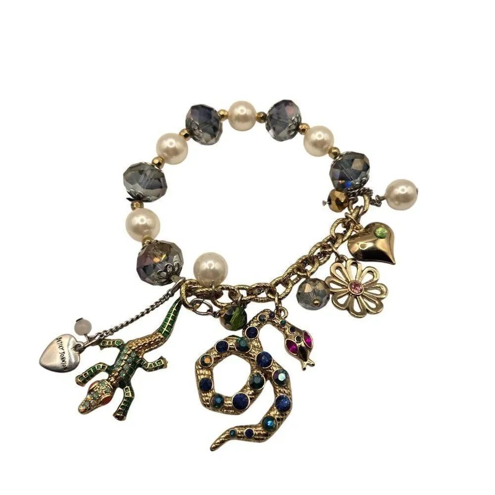 Betsey Johnson Charm Bracelet Snake Lizard Flower Faux Pearl Beads